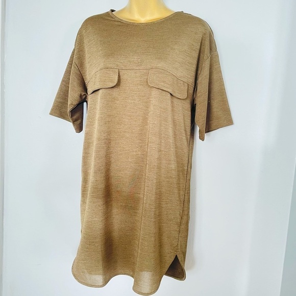 Zara Olive Brown T-Shirt Dress Small Casual Minimal Dolphin Hem Fall Chic - Picture 2 of 9
